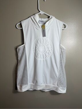 SoulCycle Mesa Hood Sleeveless Top White Mesh Panel Logo Large NWT see pics